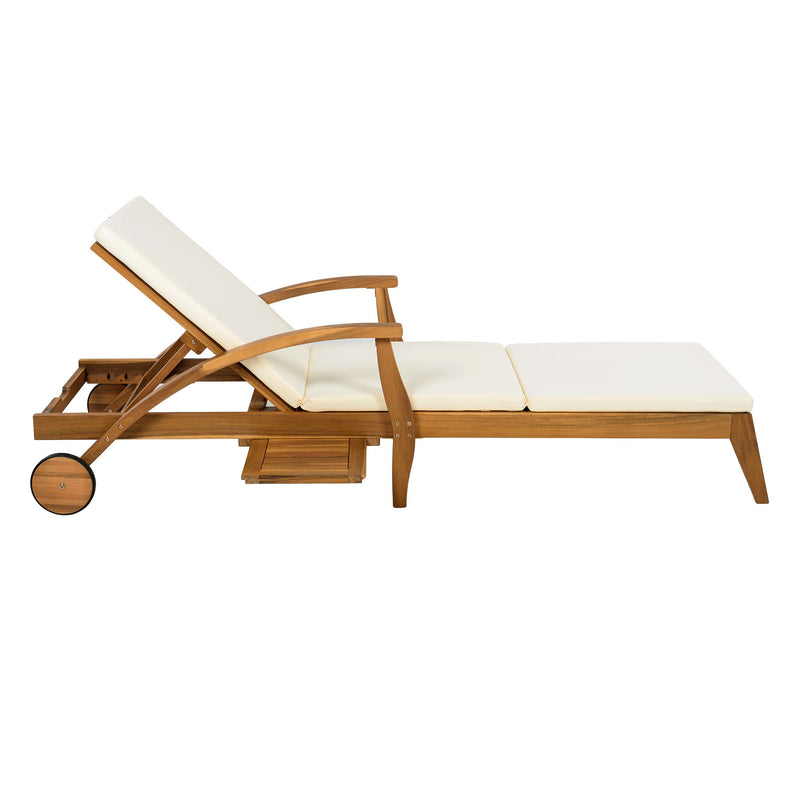 Versatile Chaise Lounge With Wheels Acacia Wood Recliner For Patio - Cream
