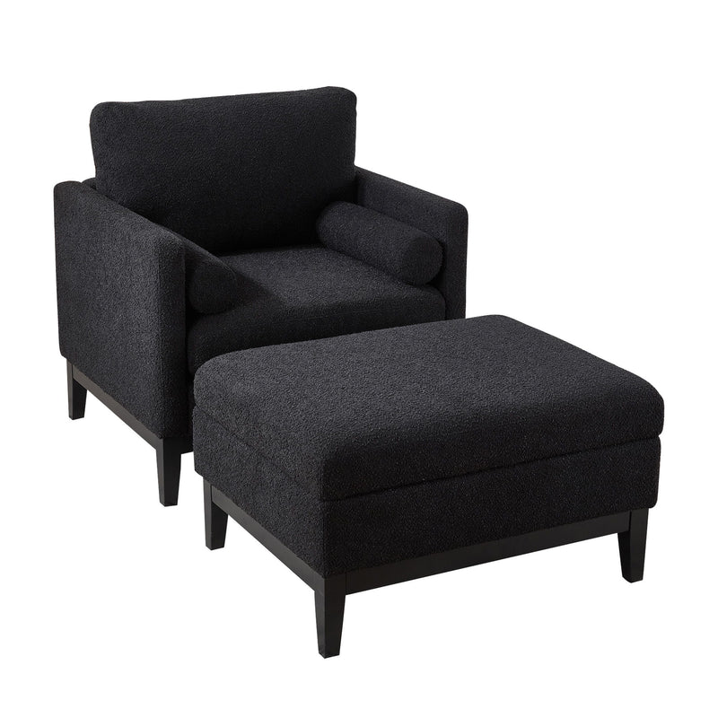 Farmhouse Upholstered Accent Chair With Ottoman, Reversible Lid Coffee Table
