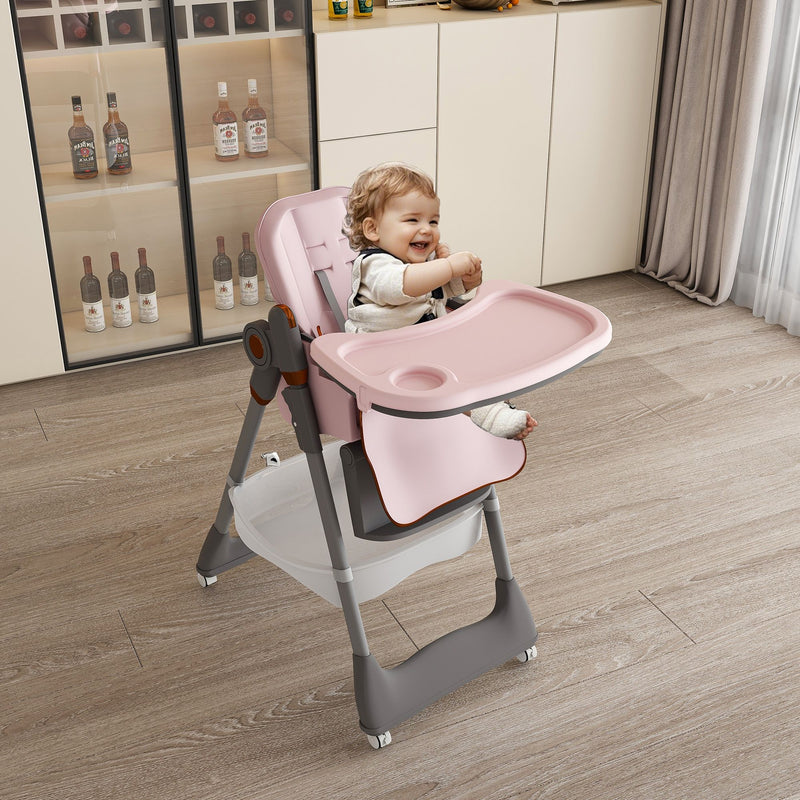 Adjustable Baby High Chair 0-6 Years, Portable Infant Feeding Seat With Safety Belt, Silent Lockable Wheels