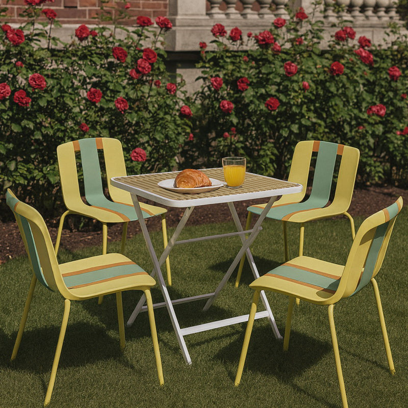 4 Piece Set Of Color Block Designed Single Chairs With Folding Square Table - Grain Yellow / Haze Green / Khaki / Tropical Orange / White