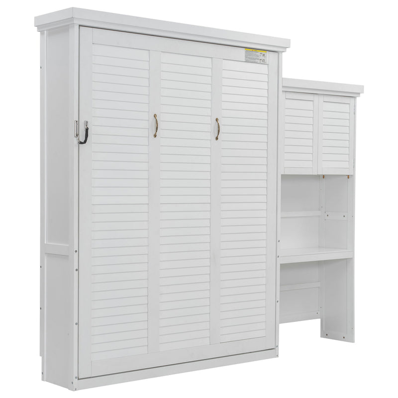 Queen Size Murphy Bed With Louvered Design And Multiple Storage Shelves - White