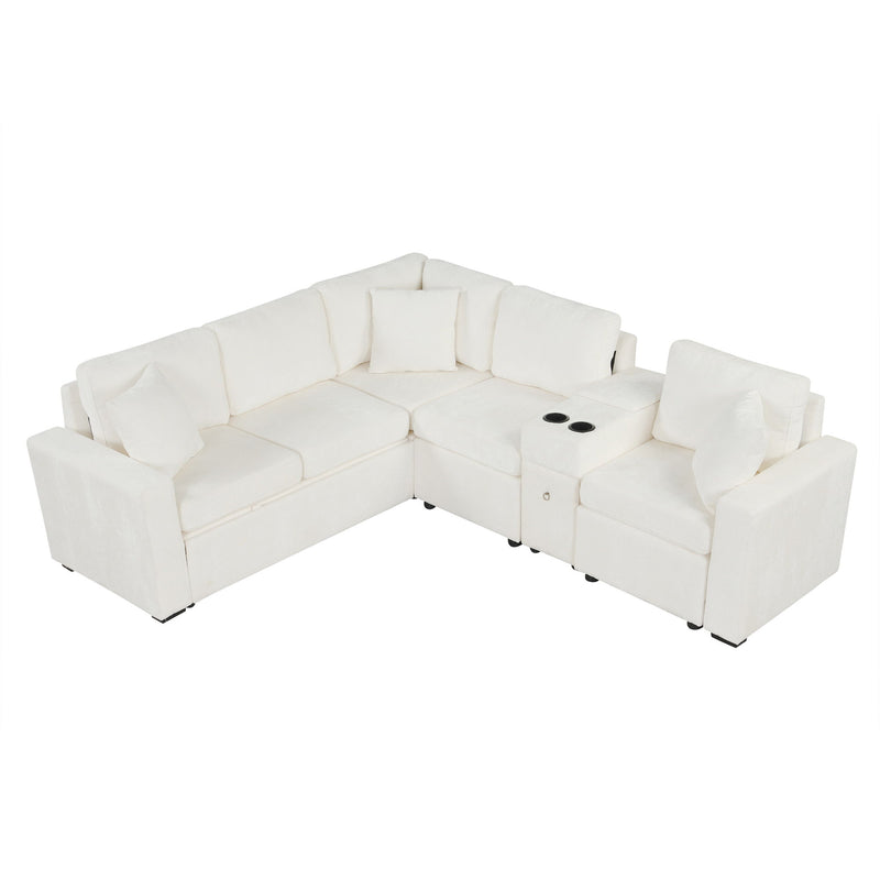 Modular L-Shaped Sectional Sofa Bed With Pull-Out Sleeper, Cup Holders, And Storage