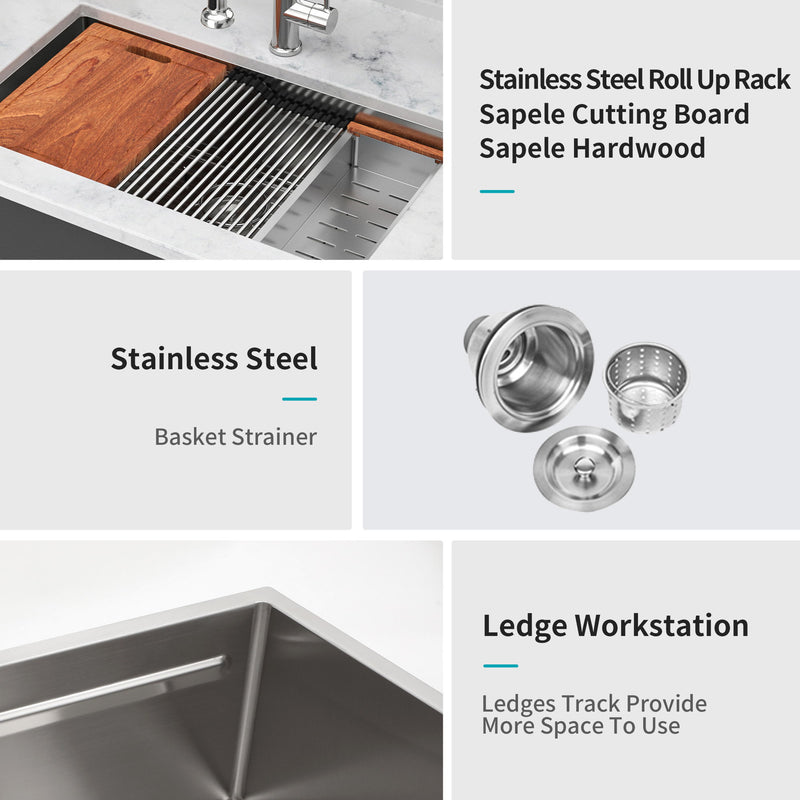 33" Undermount Kitchen Sink Single Bowl Ledge Workstation In 16 Gauge Stainless Steel - Brushed Nickel