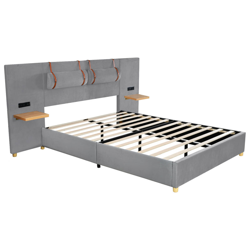 Upholstered Platform Bed, 2 Outlets And USB Charging Ports On Both Sides, 2 Bedside Pillows, Storage Shelves