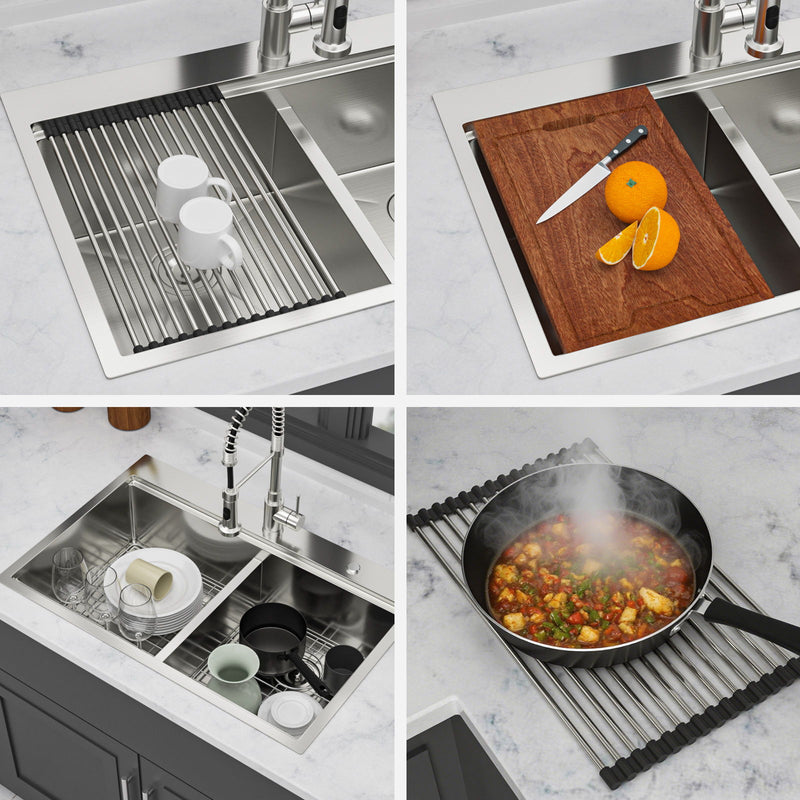 Topmount Drop In Kitchen Sink, Double Bowl Stainless Steel - Brushed Nickel