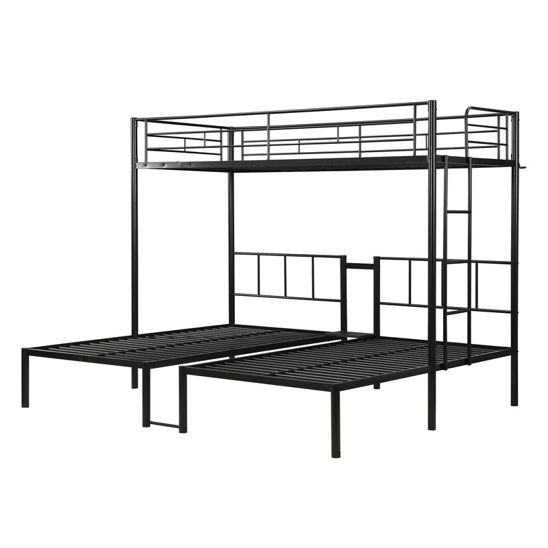 Twin Over Twin Over Twin Triple Bunk Bed With Safety Rails And Storage Shelf - Black