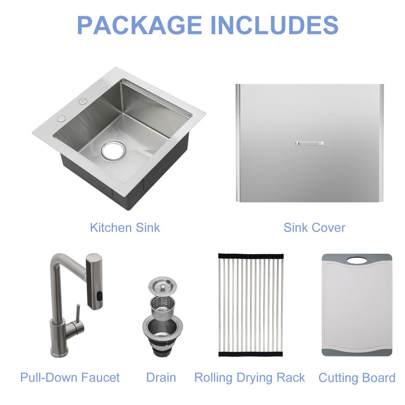 21" Drop In Kitchen Sink With Pull Out Faucet And Sink Cover, 16 Gauge - Brushed Nickel