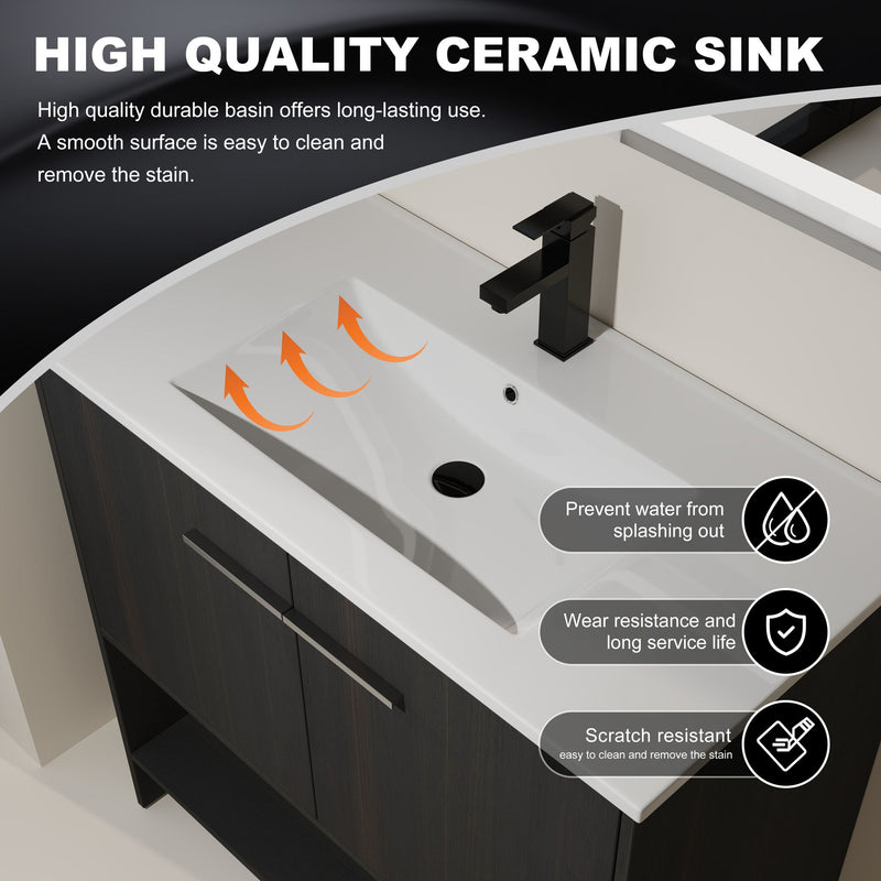 Modern Bathroom Vanity With Ceramic Sink, Freestanding Cabinet, Soft Closing Doors