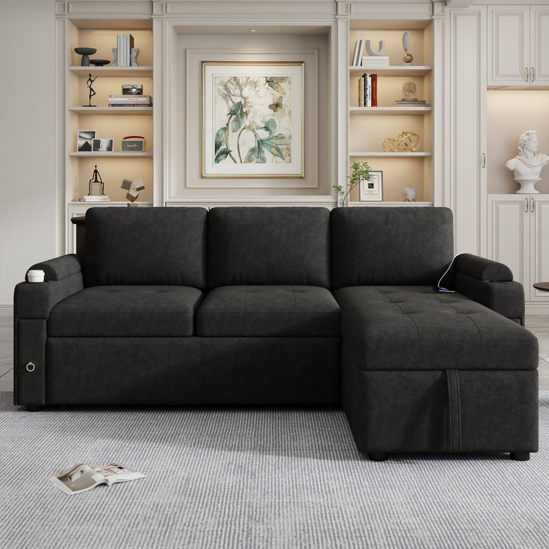 Convertible L Shaped Sofa Couch With Storage, Cup Holders, USB Ports