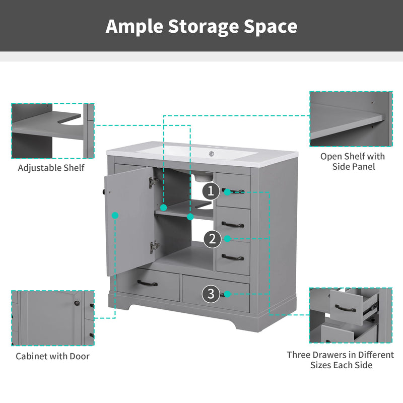 Modern Bathroom Vanity Base Only, 6 Drawer Storage With Adjustable Shelf