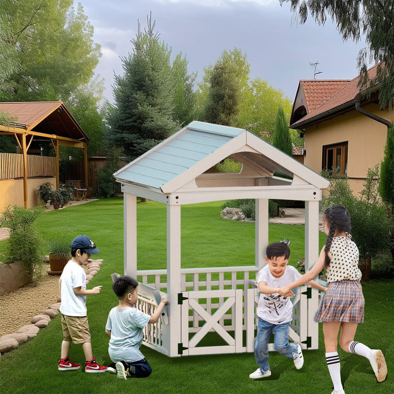 Outdoor Wooden Playhouse With Bench And Door - White