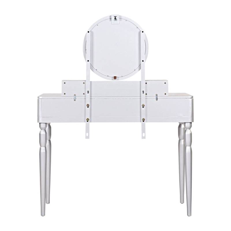 Luxury Vanity Desk With Round Mirror Height Adjustable Dressing Table Set Engineered Wood - Silver