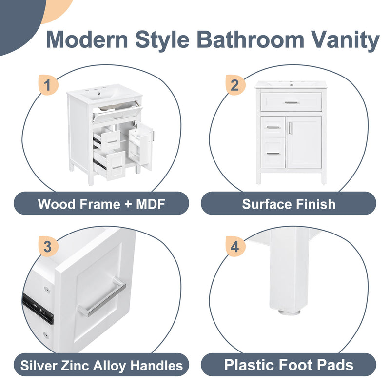 Modern Bathroom Vanity With Sink, Flip Drawer & 2 Drawers, Soft Close Hinges, Adjustable Shelf