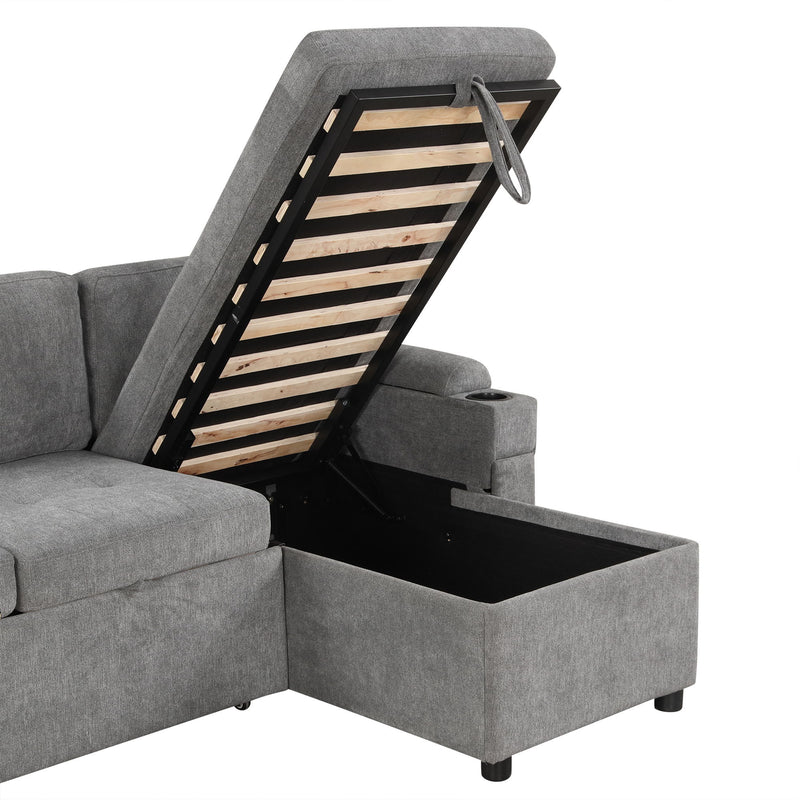 Convertible L Shaped Sofa Couch With Storage, Cup Holders, USB Ports