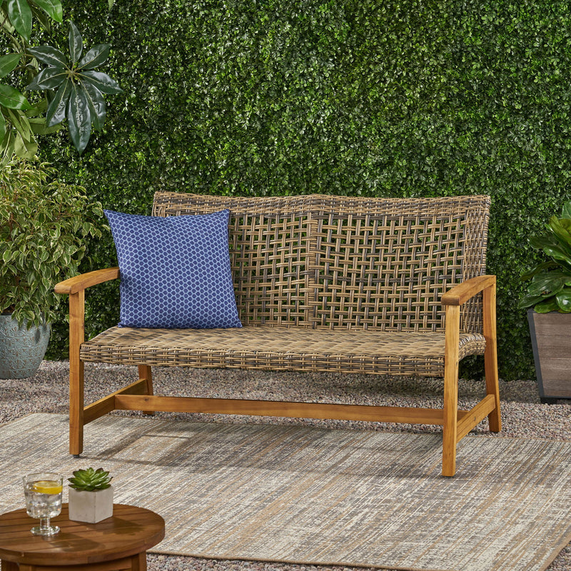 Outdoor Rattan Loveseat With Wooden Legs - Natural / Gray