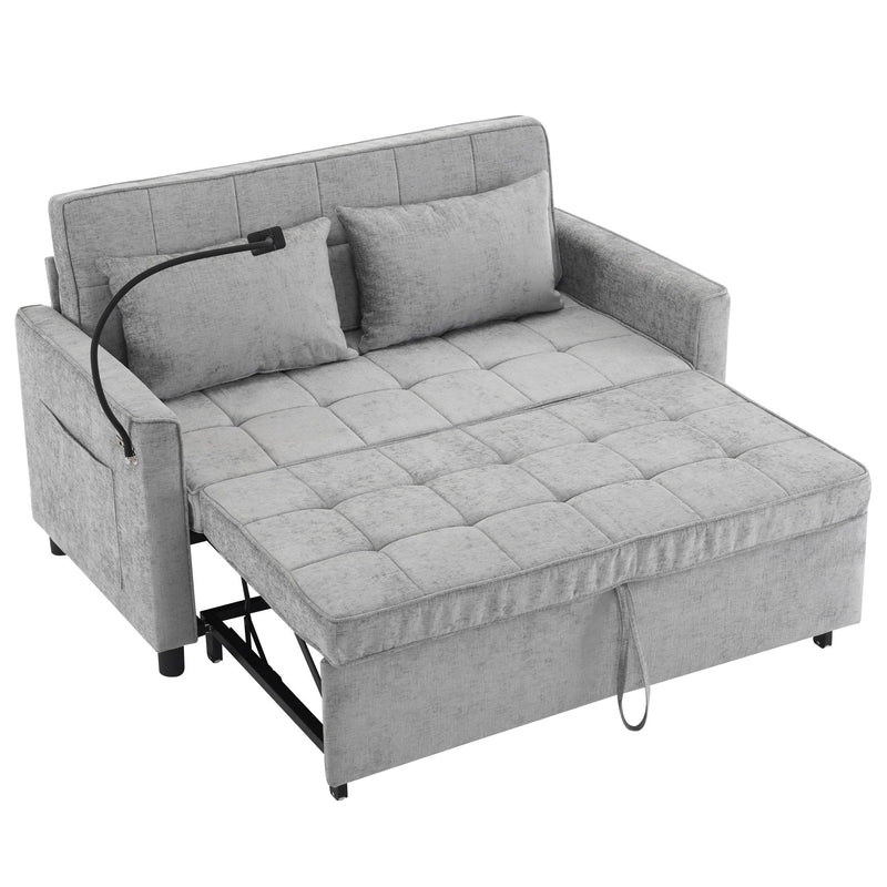 Pull-Out Sleeper Sofa With Reversible Backrest Cushion, Side Pockets, 2 USB Ports And A Phone Holder For Living Room