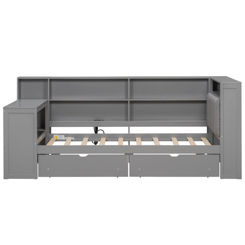 Platform Bed With Upholstered Headboard, Storage Shelves, Drawers, Charging Station, LED Lighting, Built In Desk