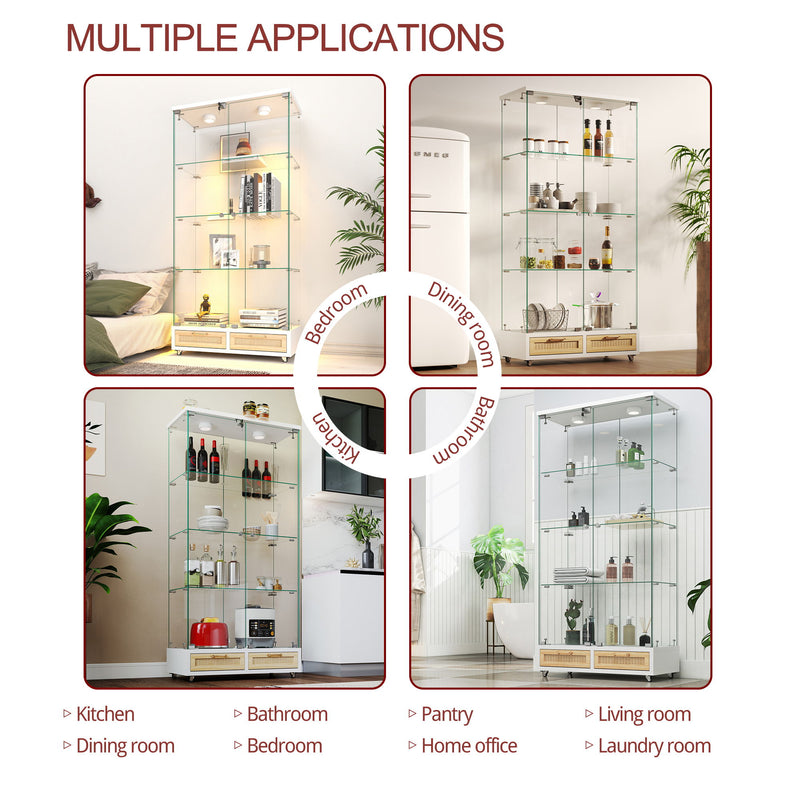Glass Display Cabinet With LED Lights, Tempered Glass Doors, Large Drawers, 2 Door Storage Case With 4 Shelves - Natural / White