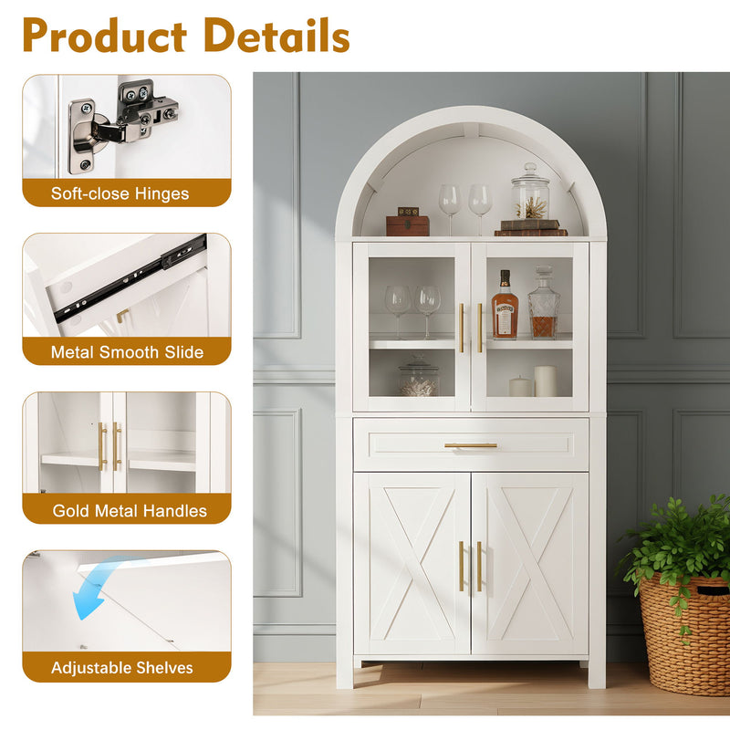 Arched Kitchen Pantry Cabinet With Adjustable Shelves & Barn Door Design