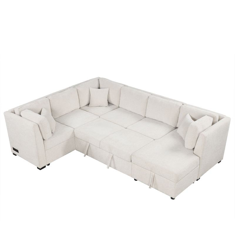U-Shaped Sectional Sofa Pull Out Sofa Bed With Two USB Ports, Two Power Sockets, Three Back Pillows And A Storage Chaise For Living Room