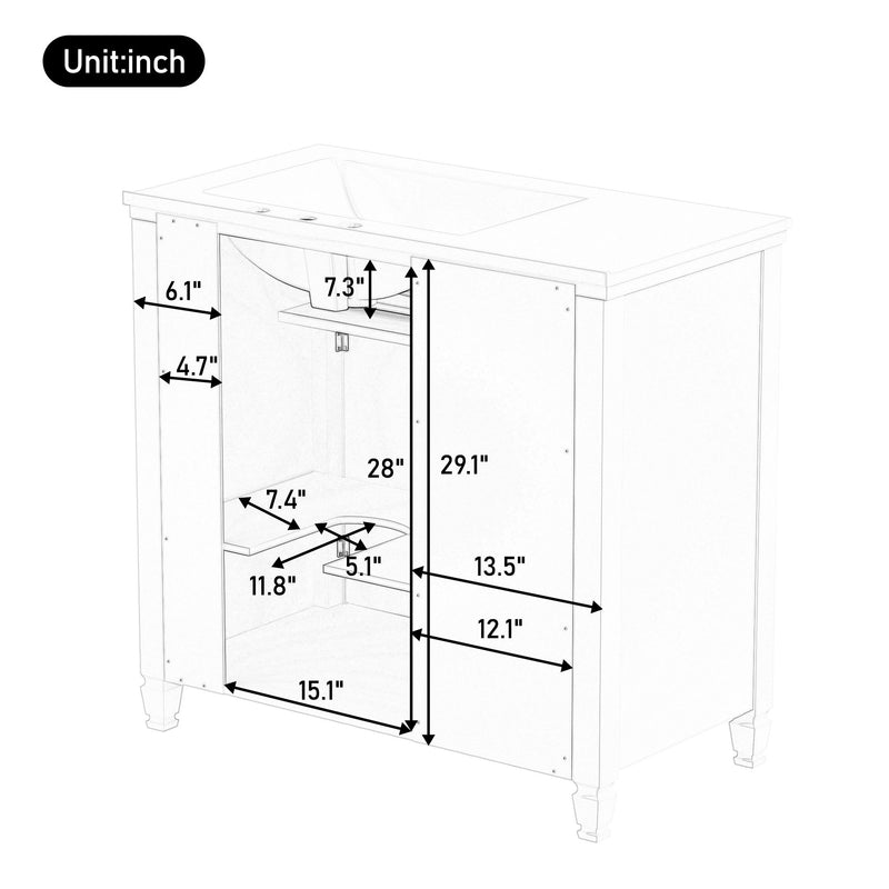 Modern Bathroom Vanity With Ceramic Sink, Freestanding, One Tip Out Drawer, 3 Side Drawers, Adjustable Shelf