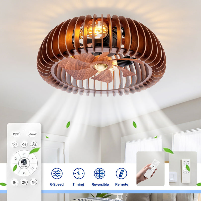 Semicircle Flush Mount Fan Light, (No Included Bulbs) And Remote Control, 6 Speeds, Quiet DC Motor For Living Room - Wood