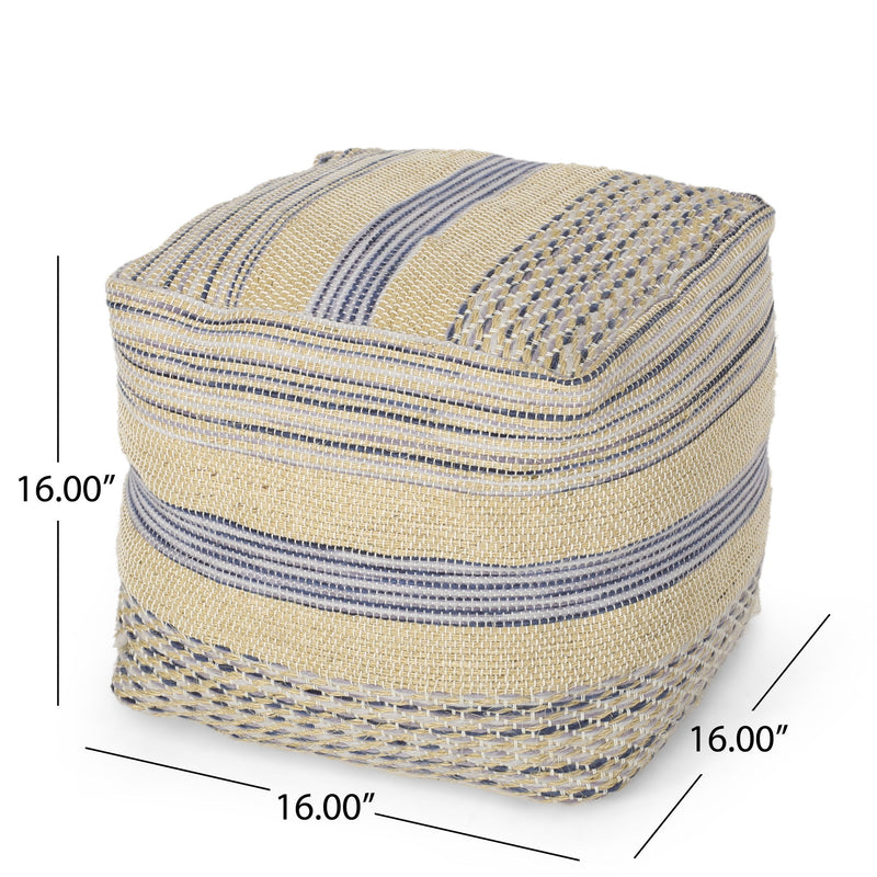 Western - Handcrafted Fabric Pouf, Durable - Natural / Blue
