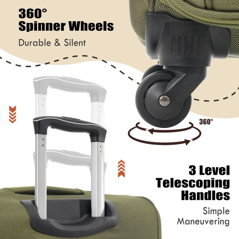 Softside Luggage Expandable 3 Piece Set Upright Spinner Lightweight Travel Suitcase 22" / 26" / 30" - Army Green