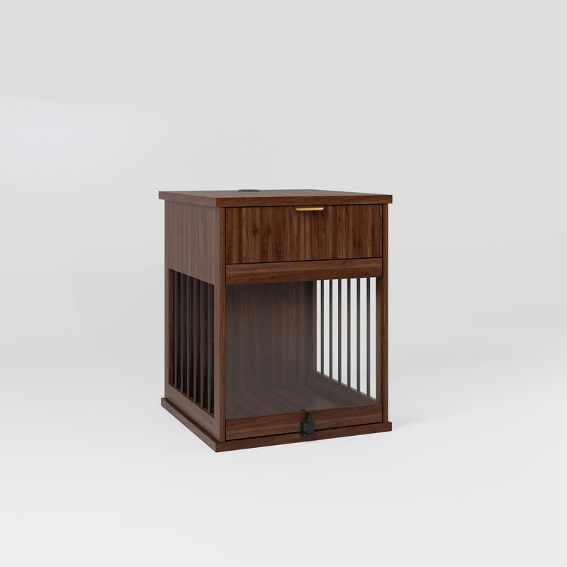 Dog Crate End Table With Charging Station - Antique Brown