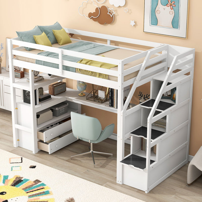 Loft Bed With Desk, Shelves, 2 Drawers, Storage Staircase