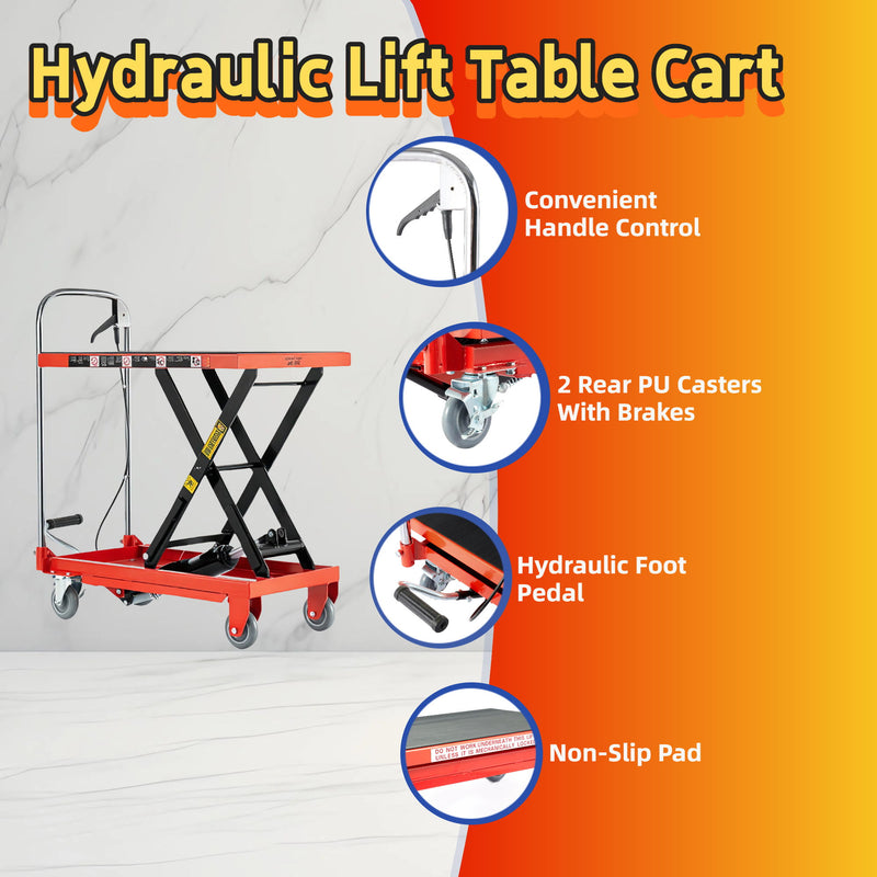 Hydraulic Lift Table Cart 500Lbs Load Red Single Scissor Lift With Non Slip Pads And Wheels - Red / Black