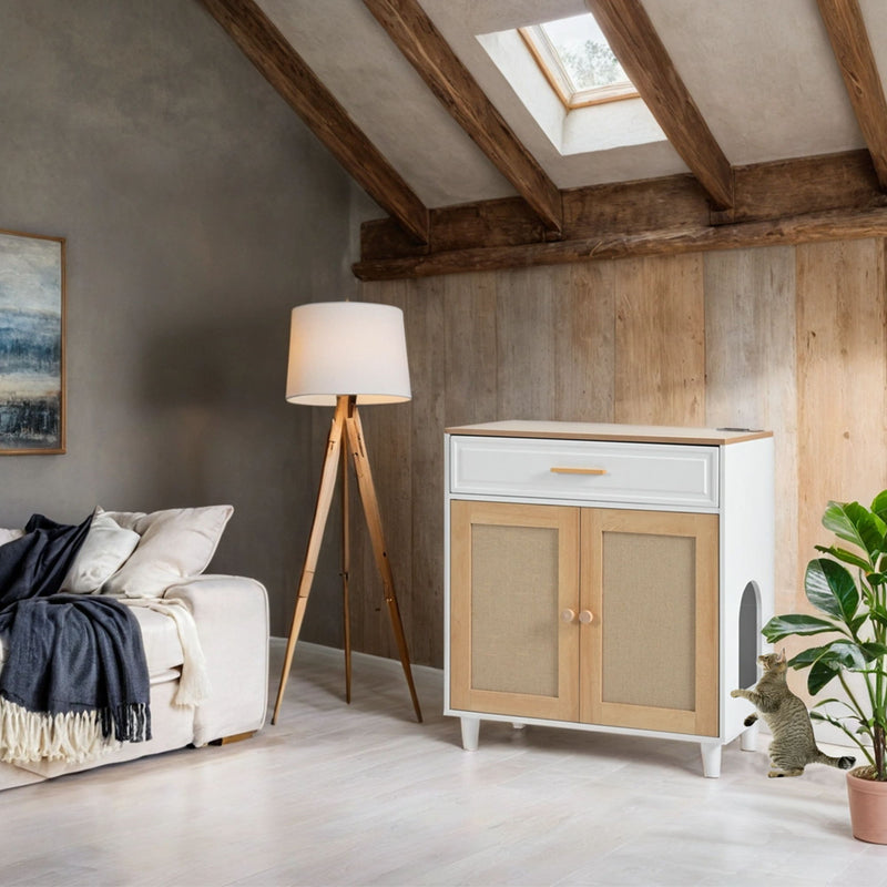 Pet Friendly Furniture Style Cat Litter Box House With Sisal Scratching Door And Charging Socket - Beige / White
