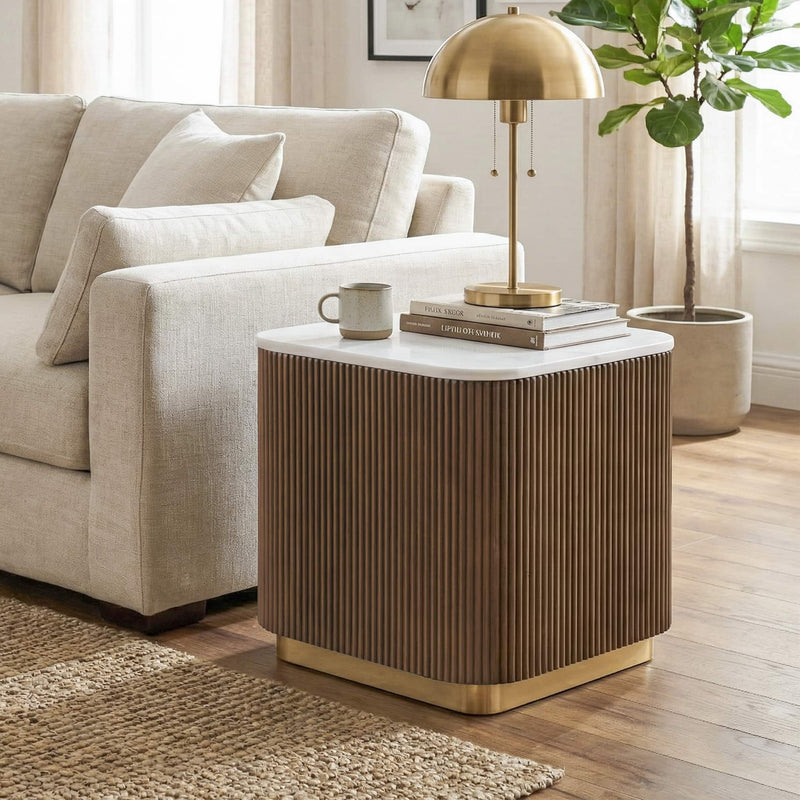 3 Piece Table Set (Rectangle Cocktail Table And Two Square End Tables) - Brown / Gold / White