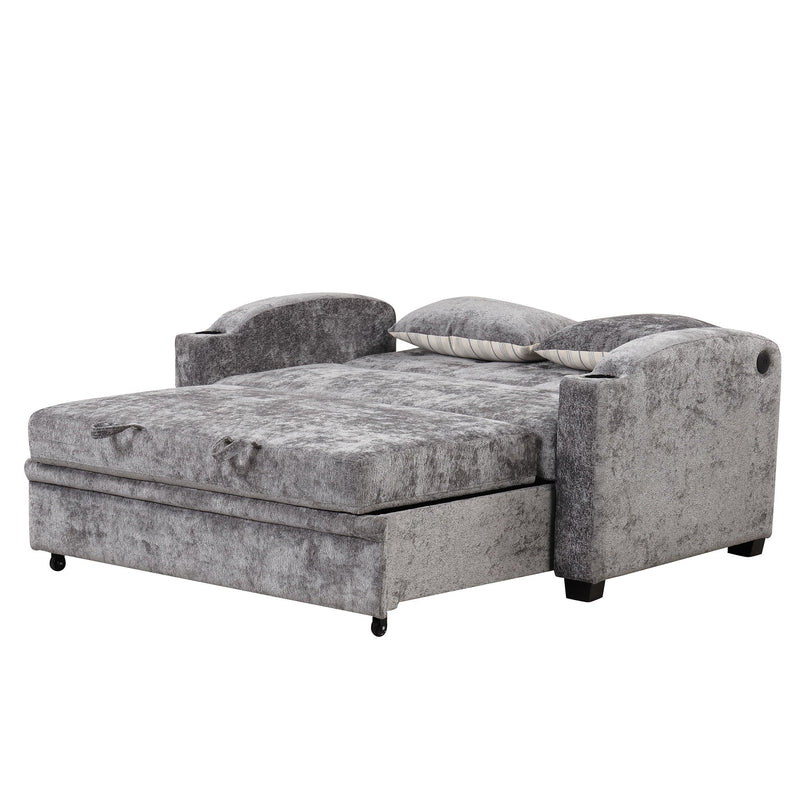 Pull Out Loveseat Sofa With Adjsutable Backrest, 2 Pillows, Cup Holders, USB Ports For Living Room
