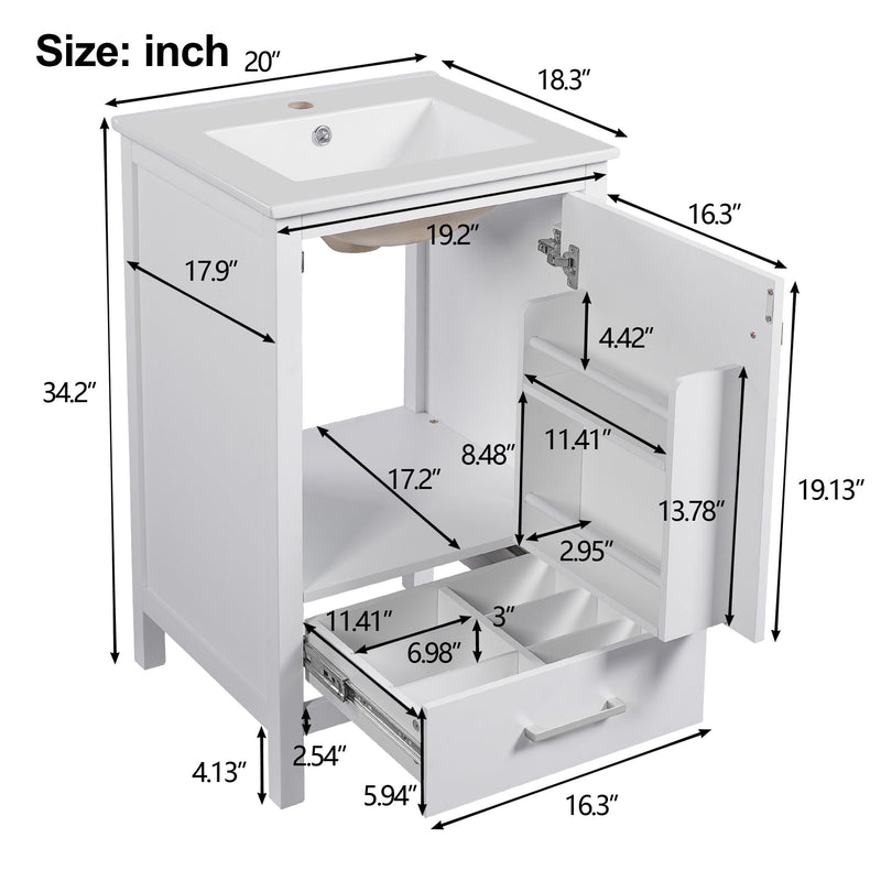 Bathroom Vanity With Ceramic Sink, Soft Close Drawers, Door Organizer, Divider Drawer, Adjustable Foot Pads