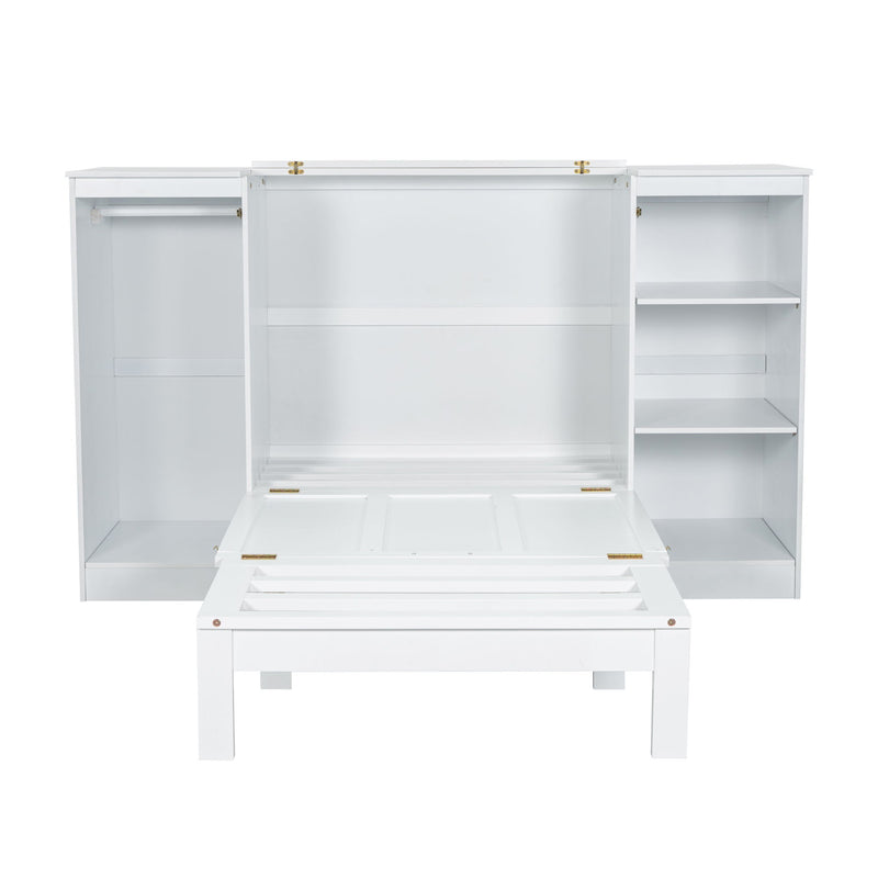 Twin Size Murphy Bed With Bedside Shelves And Wardrobe - White