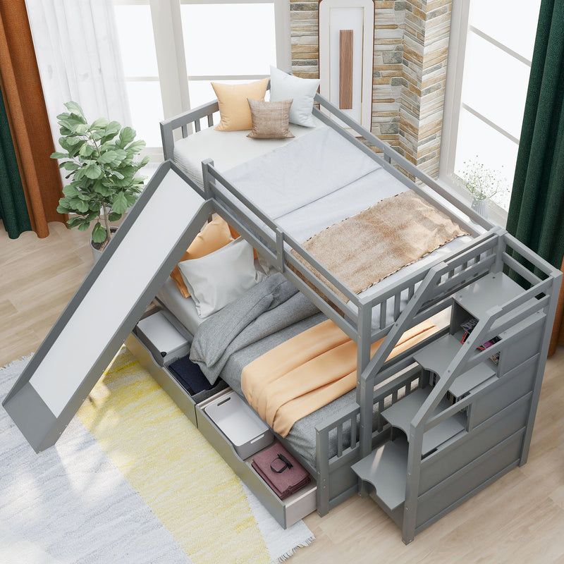 Bunk Bed With Storage Staircase, Slide, Desk, Drawers, And Shelves
