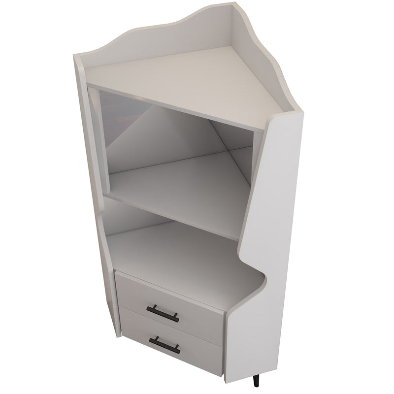 Corner Bar Cabinet With Mirrored Back, 2 Open Shelves & 2 Drawers, High Legs For Easy Cleaning