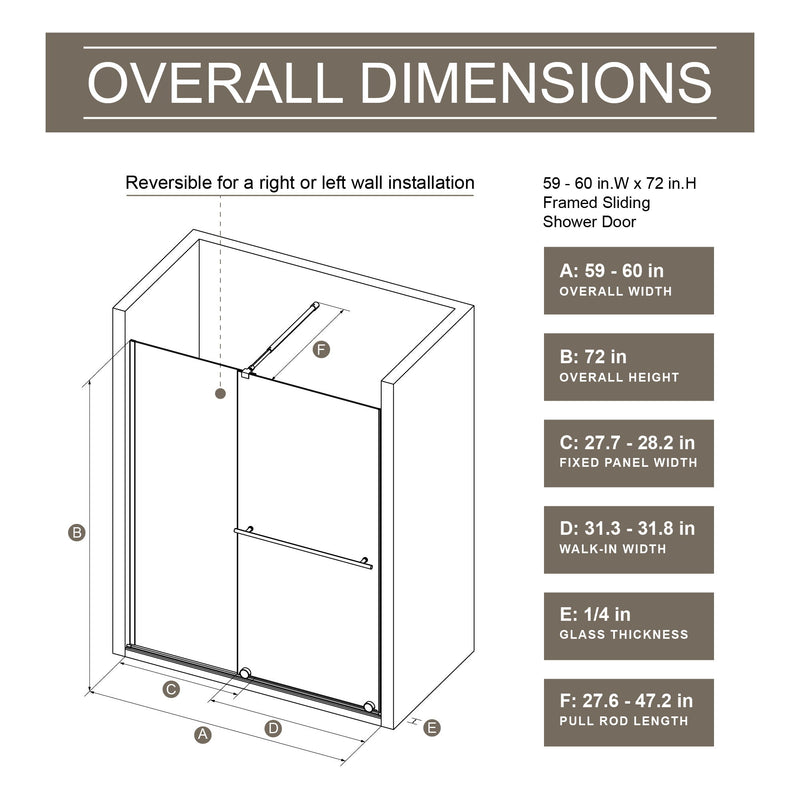 Glass Shower Door, Shower Sliding Door Walk In Shower Screen Dual Usage, 1 / 4" Thick Glass Panel With Stainless Steel Handle, Supporting Bar - Black