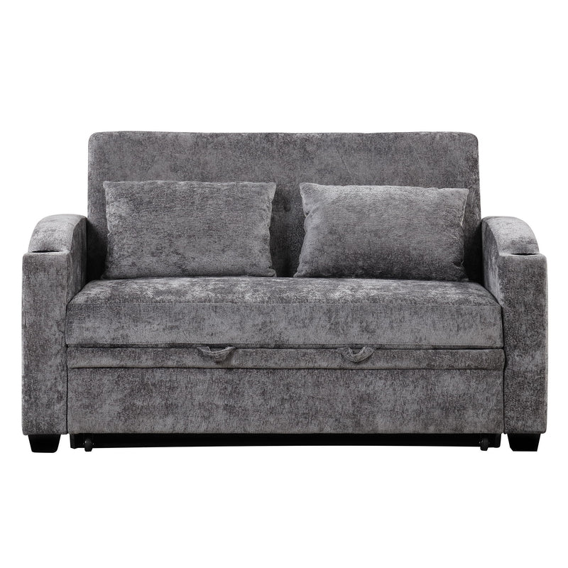 Pull Out Loveseat Sofa With Adjsutable Backrest, 2 Pillows, Cup Holders, USB Ports For Living Room