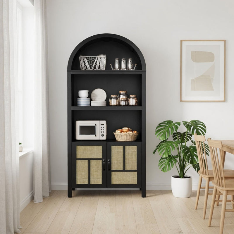 Arched Pantry Cabinet With Adjustable Storage & Doors - Black