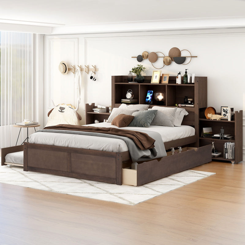 Storage Platform Bed With Pull Out Shelves, Trundle, And 2 Drawers