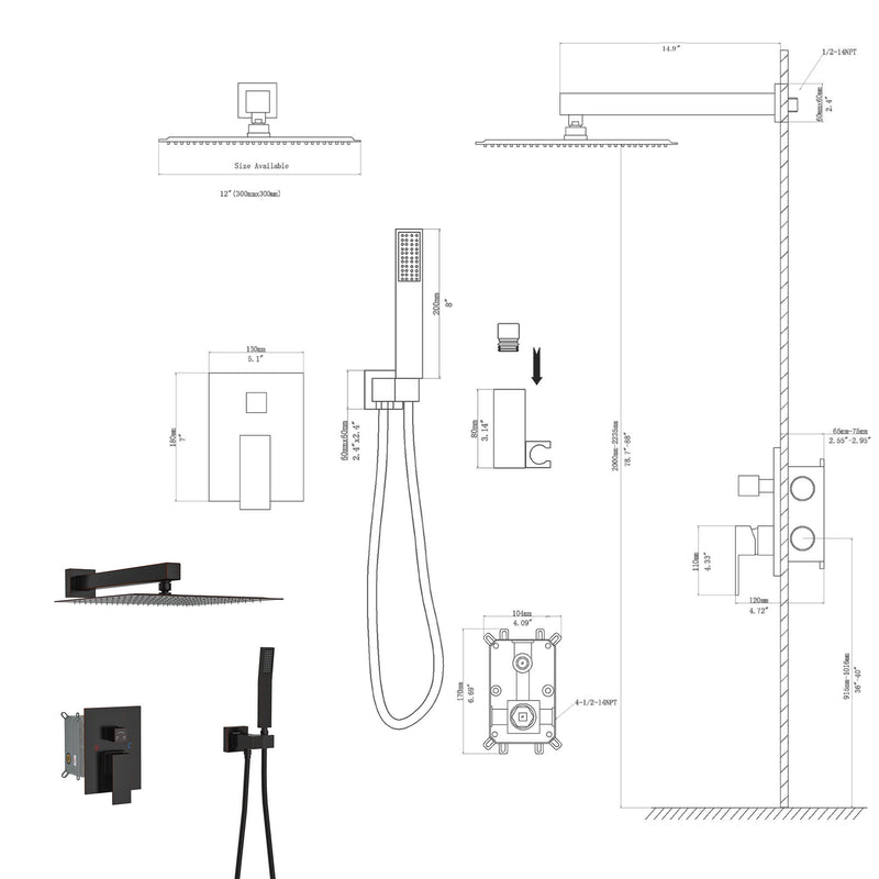 Dual Shower Head System With 12" Wall Mounted Square Rain Shower And Rough In Valve