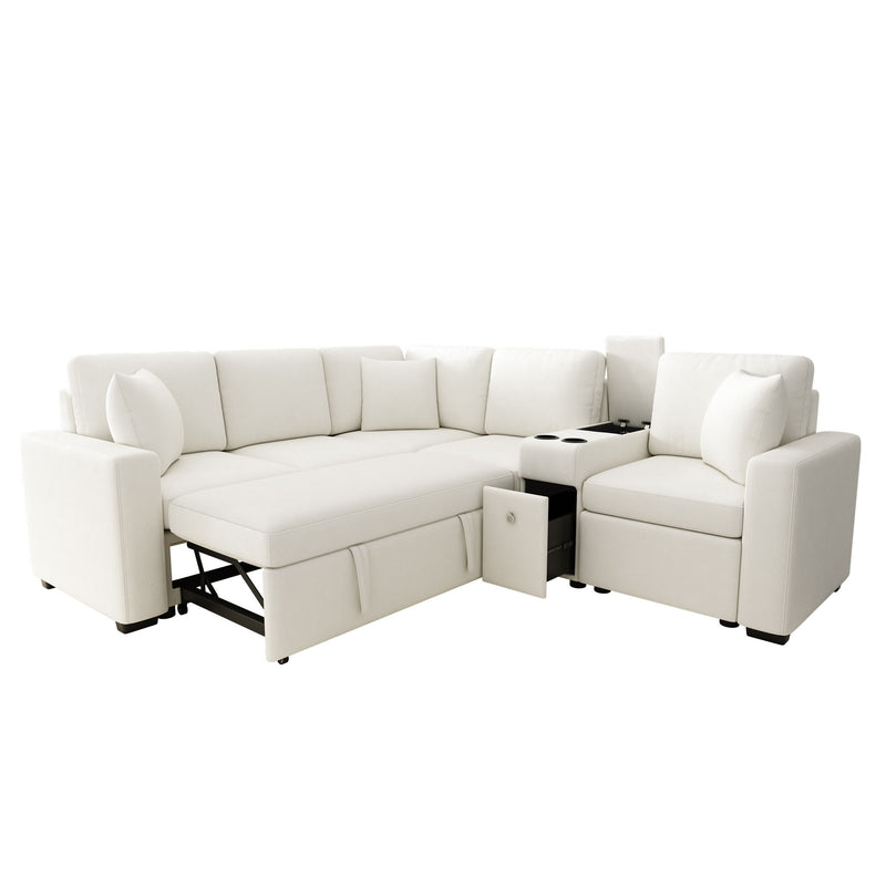 Modular L-Shaped Sectional Sofa Bed With Pull-Out Sleeper, Cup Holders, And Storage