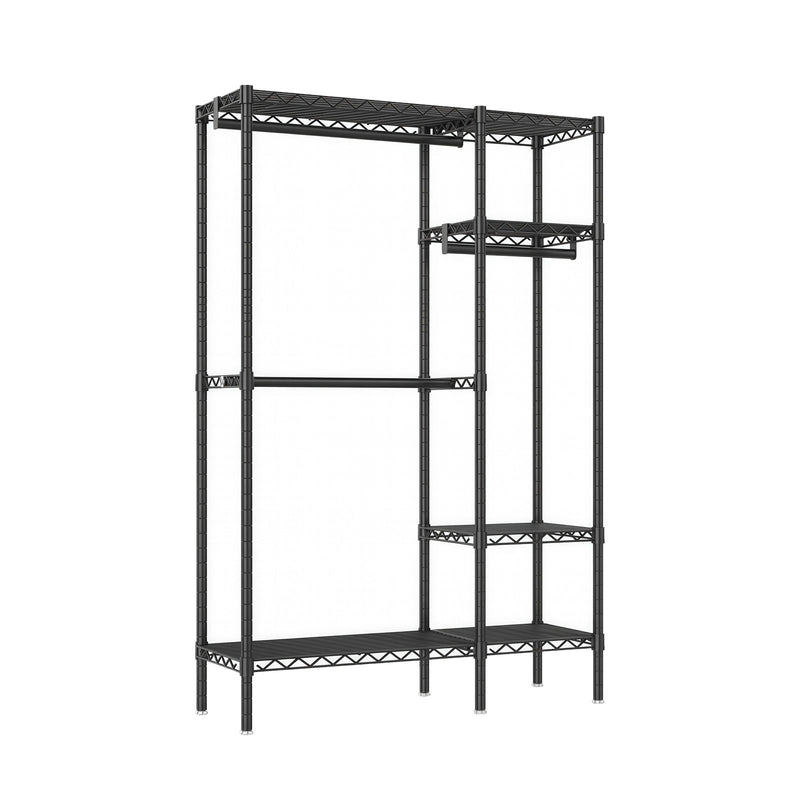 Freestanding Clothes Rack, With 6 Adjustable Wire Shelves And 3 Garment Rails - Black