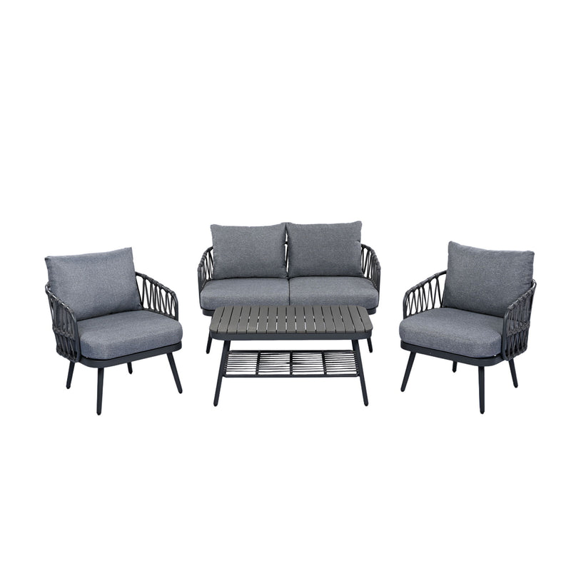 4 Piece Outdoor Patio Furniture Set, Metal Chairs With Woven Rope U Shaped Backrest