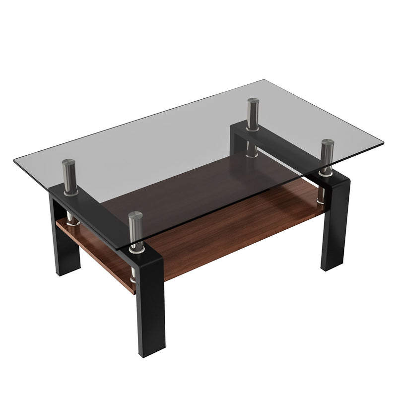 Modern Rectangular Coffee Table With Tempered Transparent Glass Top And Storage Shelf