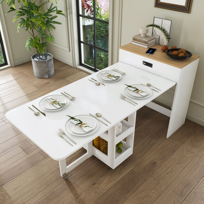 Extendable Dining Table With Power Socket, Lockable Casters, Storage Cabinet