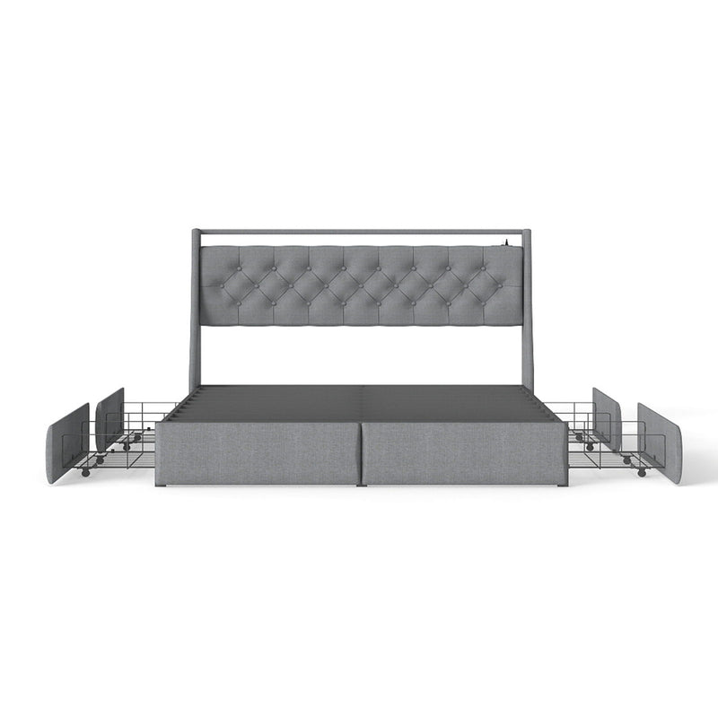 Platform Bed Frame With RGB LED Lights, Charging Station, Storage Headboard & 4 Underbed Drawers