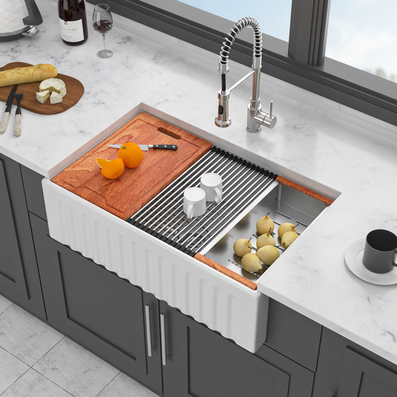 Porcelain Ceramic Farmhouse Sink Workstation With Reversible Apron Design - Single Bowl